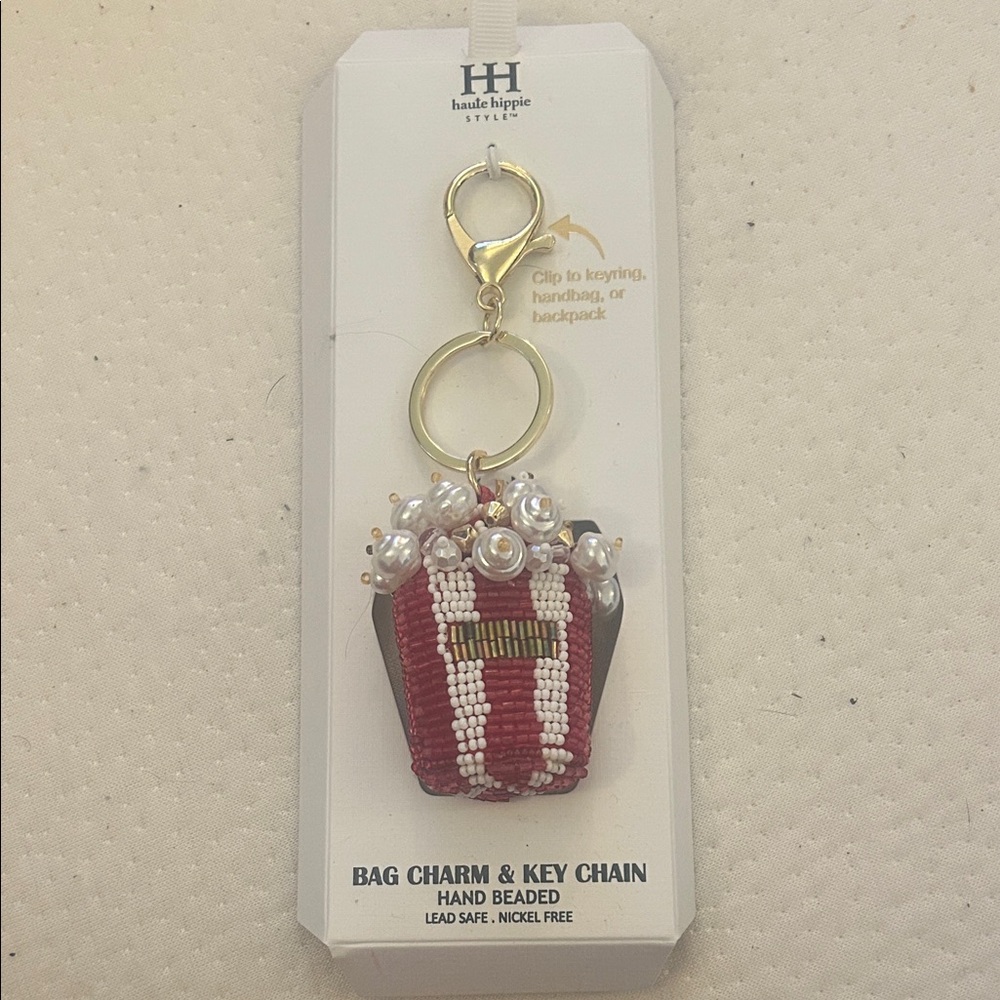 Haute Hippie Red and White Beaded Bag Charm Key Chain